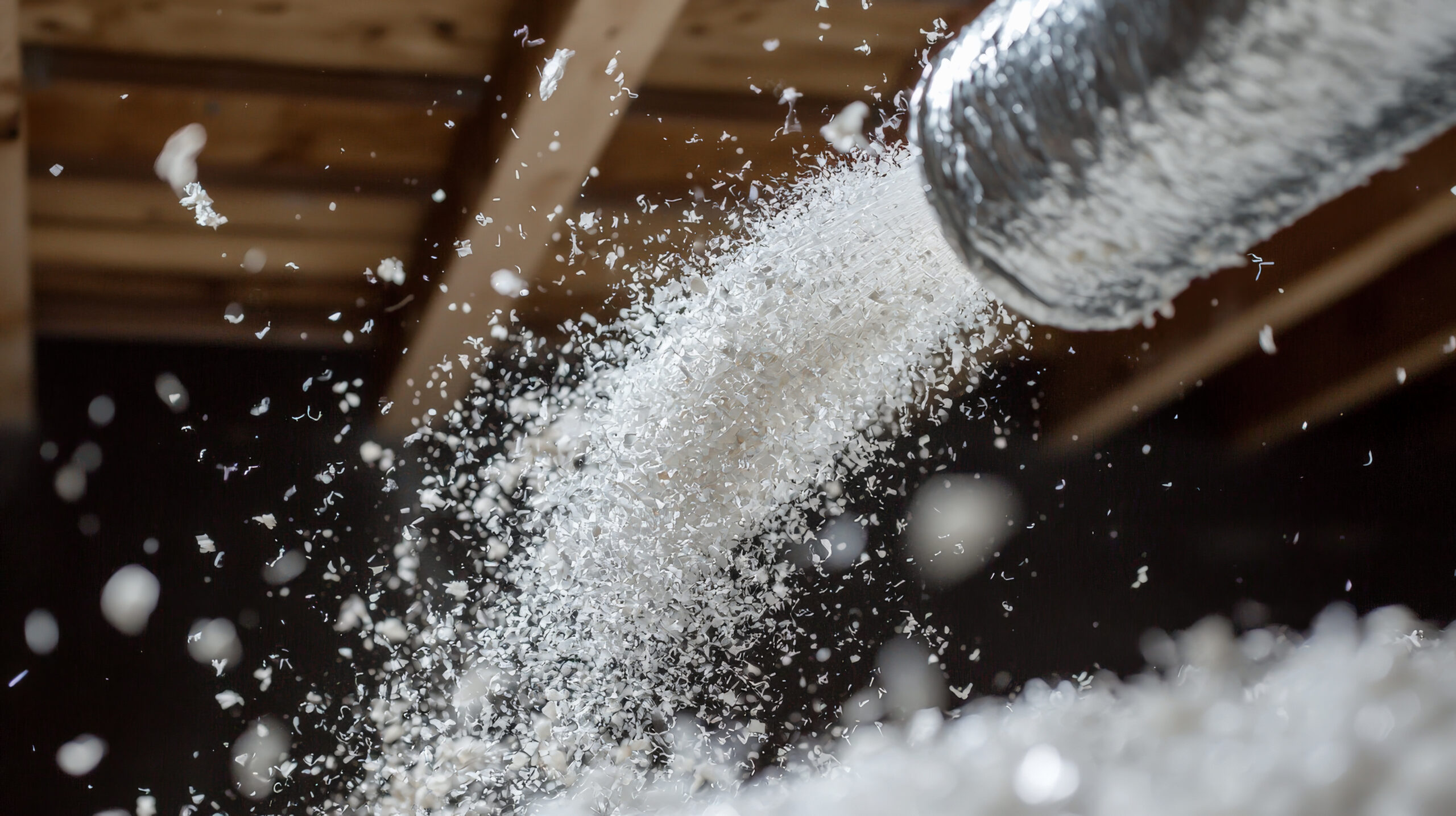 close up of cellulose insulation being blown into space, showcasing fine particles dispersing in air. This process highlights effectiveness of cellulose insulation for energy efficiency